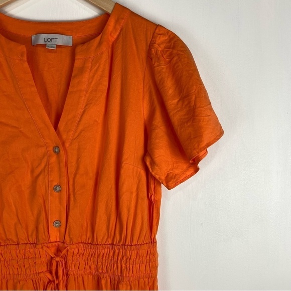 LOFT Smocked Ruffle Tie Front Waist Flowy Summer Mini Dress Orange Size Small - Picture 3 of 6